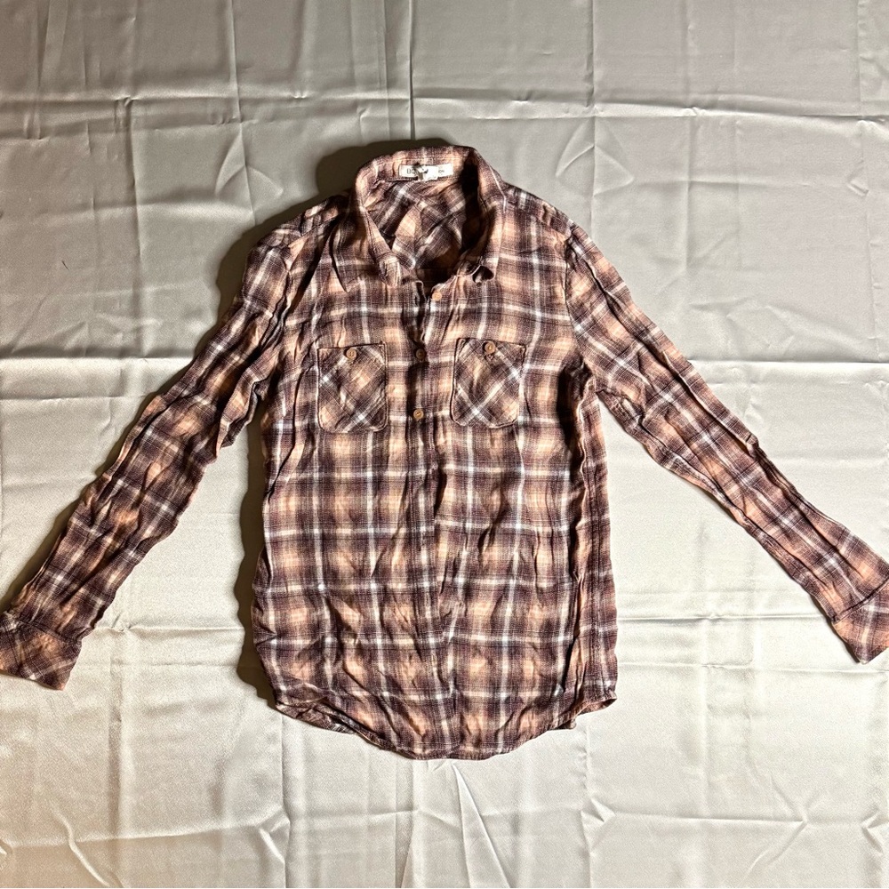 BCBG Peach & Maroon Plaid Button Down SZ Small